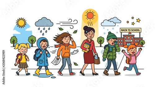 Εκτύπωση καμβά Back to School Seasons: A vibrant illustration depicting children and their teacher experiencing different weather conditions and seasons on their journey to school, from sunny days to snow