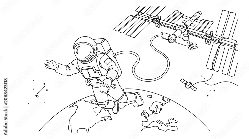 Obraz premium 宇宙飛行士と国際宇宙ステーション、地球を背景にした線画イラスト。宇宙探査、科学技術、未来の宇宙旅行を象徴するベクターアート。