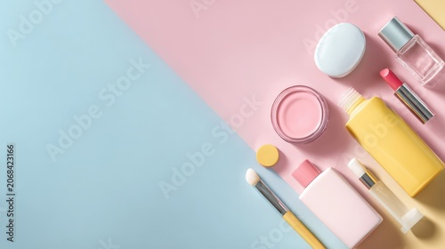 Flat lay of cosmetic products and makeup accessories arranged on a pastel pink and blue background. Beauty, skincare, and fashion concept with blank copy space.