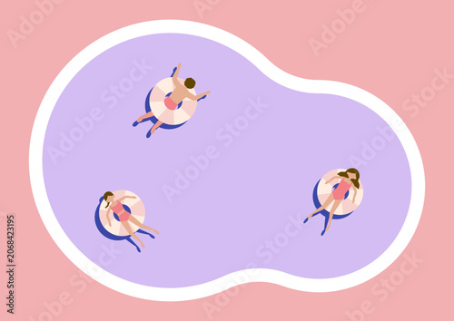 ナイトプールで楽しむ3人のイラスト