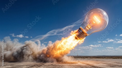 Lightbulb rocket launching into blue sky representing rapid business innovation and creative startup growth success concept with dynamic fire