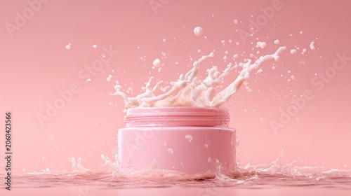 Dynamic water splash around a glass jar of pink cosmetic face cream. Creative product photography of moisturizing skincare cream on a light blue wet background.