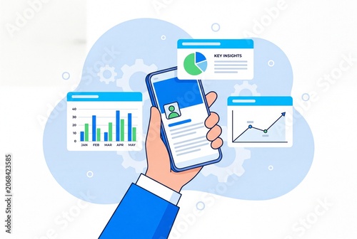 A business hand holds a smartphone displaying professional data analytics charts and financial performance insights in a clean digital interface flat vector design