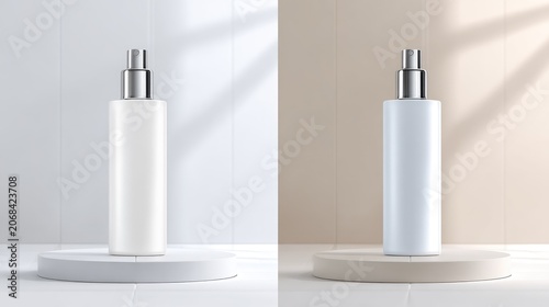 cTwo blank cosmetic glass jars for branding mockup on split white and light blue background. Organic beauty skincare product display with tropical palm leaves and a white flower.