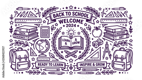 Schilderij op canvas Back to School Welcome 2024: A vibrant collection of school supplies and educational motifs arranged in a festive design, welcoming students and educators back for the 2024 academic year