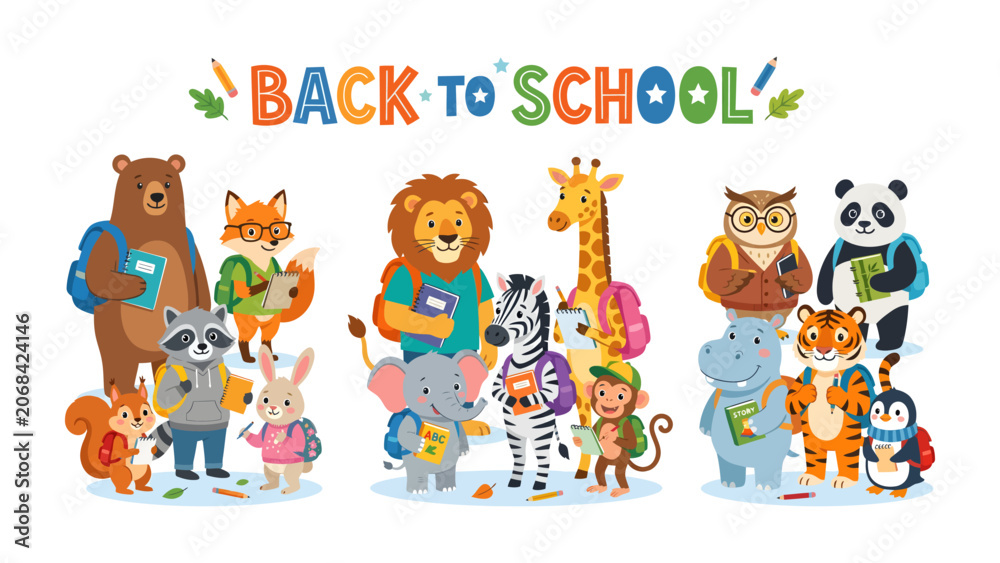 Fototapeta premium Back to School Animal Parade: A delightful assortment of anthropomorphic animals, including a bear, fox, lion, giraffe, owl, panda, squirrel, raccoon, rabbit, elephant, zebra, monkey, hippopotamus.