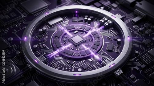 Close up of a central processing unit with glowing lights and circuits