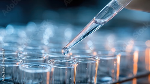 Close-up of a laboratory pipette dripping liquid into a glass test tube. Scientific research, pharmaceutical development, or clinical diagnostic concept with blurred bokeh background.