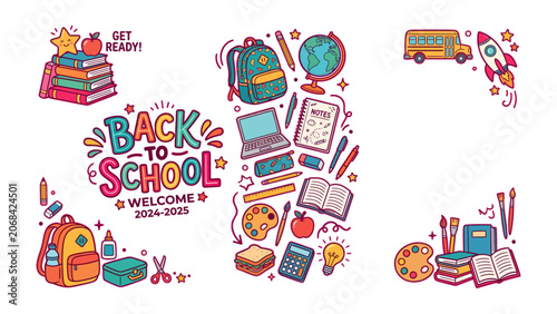 Back to School Collage: A vibrant collection of school supplies, academic icons, and playful illustrations depicting the excitement of returning to the classroom and embracing the new academic year.