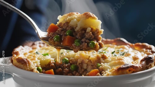 Close-up of a steaming shepherd's pie in a white ceramic bowl with a metal serving spoon lifting a portion, showing minced meat, peas, carrots, and golden mashed potato topping.