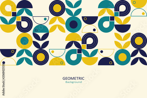 Modern geometric background with abstract retro shapes in teal, mustard yellow, and navy, arranged along the side with spacious copy space on a beige backdrop.