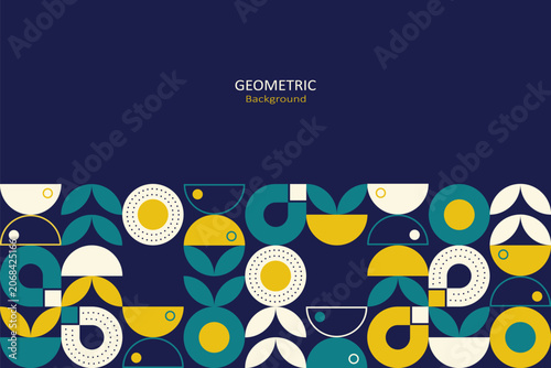 Modern geometric background with abstract retro shapes in teal, mustard yellow, and beige, arranged along the side with spacious copy space on a navy backdrop.