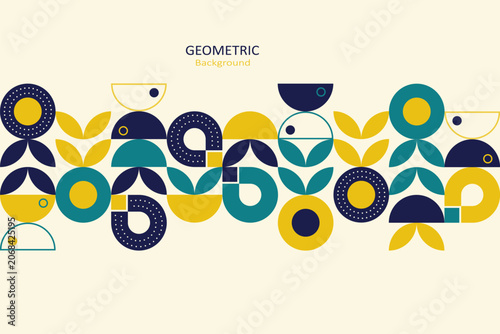 Modern geometric background with abstract retro shapes in teal, mustard yellow, and navy, arranged along the side with spacious copy space on a beige backdrop.
