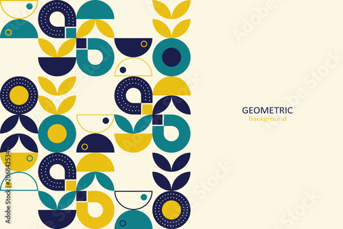 Modern geometric background with abstract retro shapes in teal, mustard yellow, and navy, arranged along the side with spacious copy space on a beige backdrop.