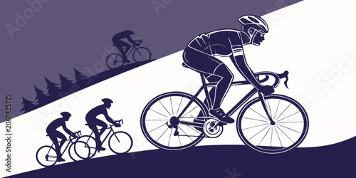Foto Group of cyclists racing on a winding road past pine trees with competition exer