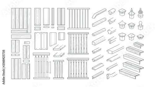 Foto Architectural deck railing components vector set, wooden fence balusters and han