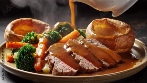 Pouring rich brown gravy from a white sauce boat onto sliced roast beef, served with large Yorkshire puddings, steamed broccoli, and glazed carrots on a plate with visible steam.