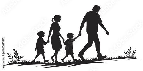 Canvas Print Black silhouette of a family walking hand in hand outdoors on grass with silhoue