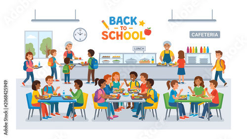 Tableau sur toile Back to School Cafeteria Scene: Children and staff bustle about in a lively school cafeteria during lunchtime, illustrating the vibrant atmosphere of returning to school and enjoying meals together