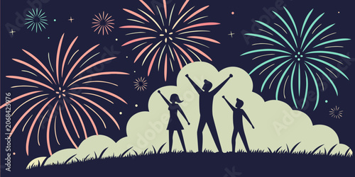 Tableau sur toile Family standing together watching festive night fireworks celebration with firew