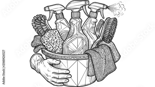 Gloved hand holding a bucket of cleaning supplies for professional housekeeping and janitor tasks with a sanitization spray bottle and scrub tools