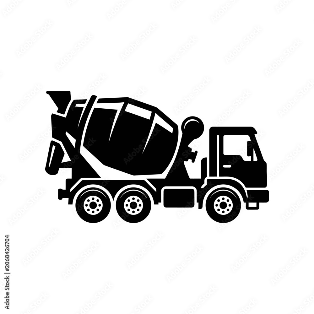 Fototapeta premium A black concrete mixer truck icon representing heavy construction machinery and industrial building equipment in a flat vector silhouette style.