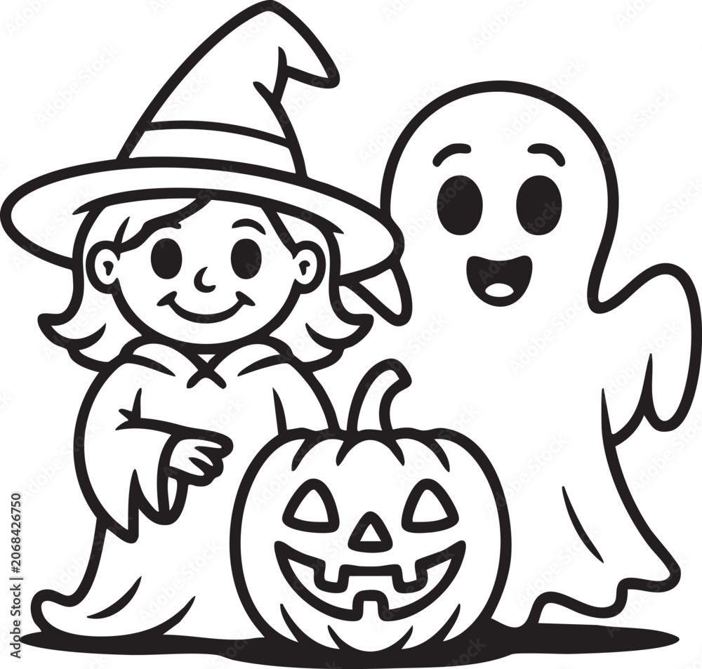 Obraz premium Cartoon Line Art Illustration Of A Witch Ghost And Jack o lantern On White Background pumpkin
