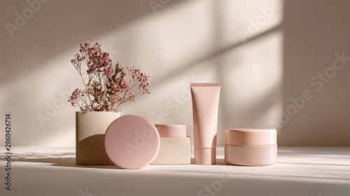 An elegant collection of cosmetic product mockups in pastel pink packaging, arranged on a neutral beige surface with beautiful shadow play