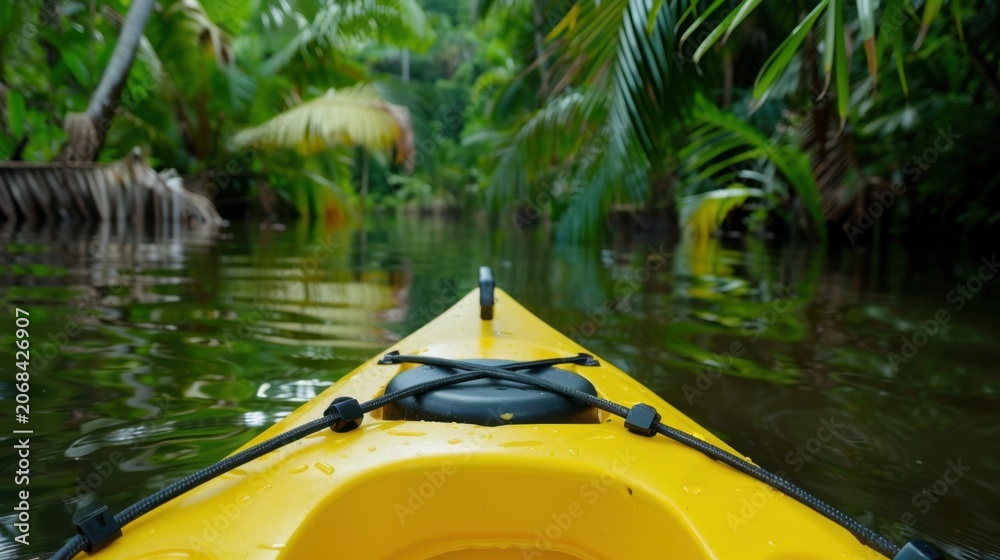 Fototapeta premium Serene Kayaking Adventure in Lush Tropical Forest with Reflections on Calm Water