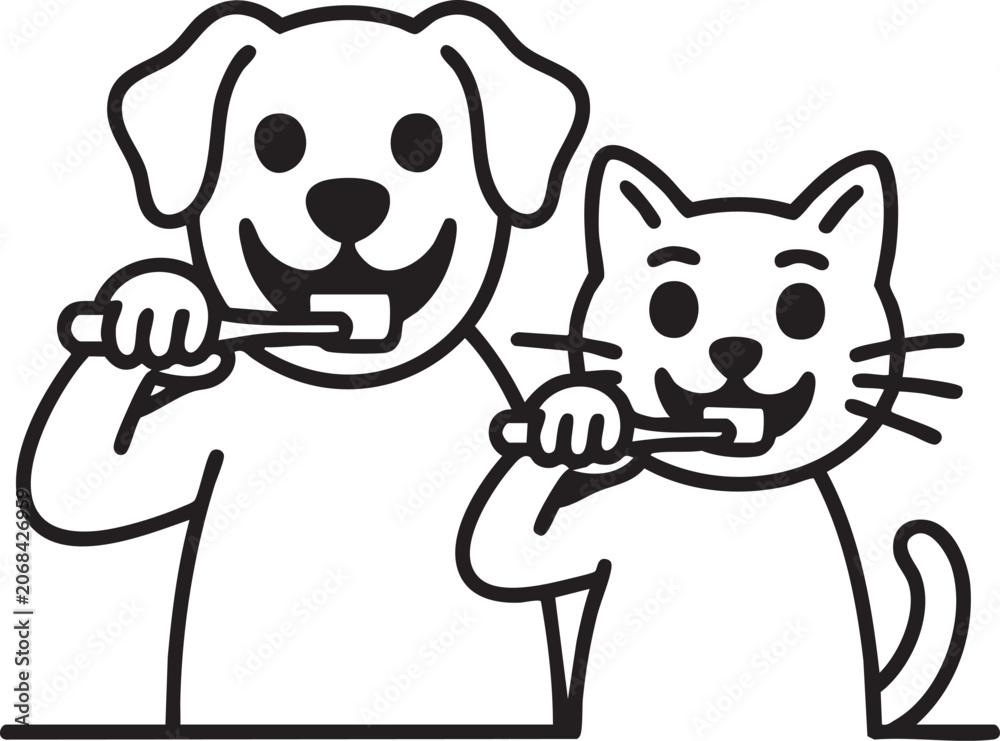 Fototapeta premium Line drawing of a dog and cat brushing their teeth black and white illustration animal canine
