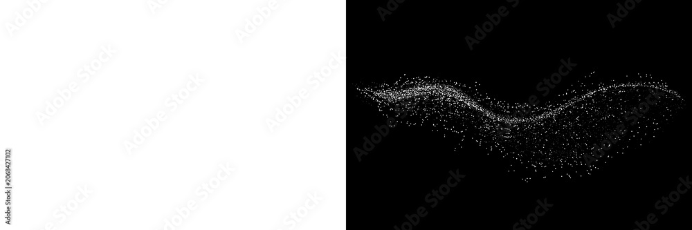 Obraz premium Elegant white glitter wave on black background with sparkling particle trail, luxury shimmer effect and festive abstract dust swirl design.PNG image of Swirling white glitter dust.