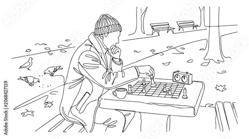 Foto Man playing chess in a park, contemplative autumn scene, outdoor leisure activit