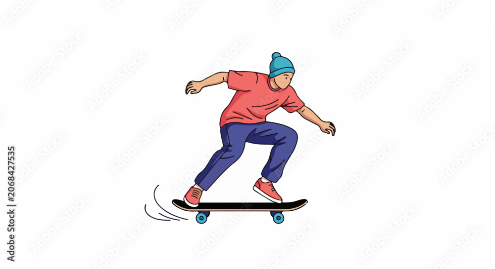 Fototapeta premium A skateboarder in a red shirt and blue pants performs a trick on a skateboard