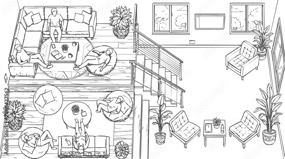 Obraz premium Modern interior design sketch and hand drawn floor plan of a cozy living room with people lounging in a multi-level architectural layout