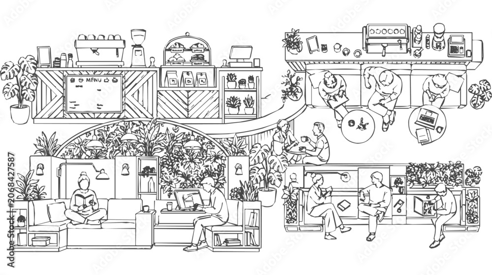Obraz premium Hand drawn illustration of a busy cafe interior and coffee shop with people relaxing, working on laptops, and baristas preparing drinks