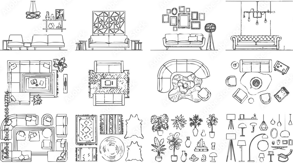 Obraz premium Interior Design Floor Plan and Furniture Sketch Set for Living Room Layout Planning and Architectural Decoration Ideas