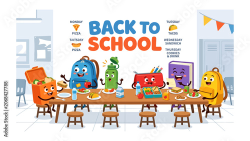 Quadro su tela Back to School Fun: A cheerful collection of anthropomorphic school supplies, including backpacks, lunchboxes, a pencil case, and a book, gather around a table filled with food and drinks