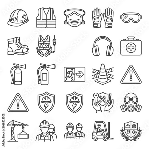 A Professional Collection of Industrial Safety Equipment and Protection Icons for Construction Workers and Occupational Workplace Health Guidelines