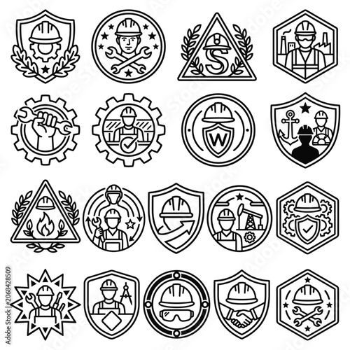 Icon - Professional Industrial Safety Icons and Construction Worker Badge Set featuring Protection Shields and Engineering Maintenance Emblems for