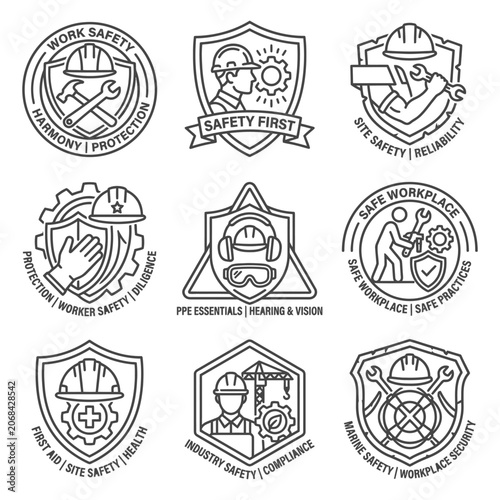 Set of industrial work safety emblems and icons featuring protective gear, construction tools, and compliance symbols for workplace health and