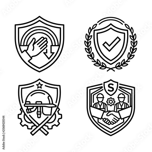 Collection of industrial safety and protection shield emblems for occupational health, featuring work helmet, hand protection, and labor compliance