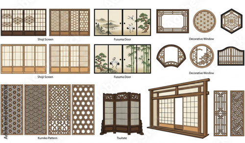 Tableau sur toile Traditional Japanese Door and Shoji Screen Vector Set