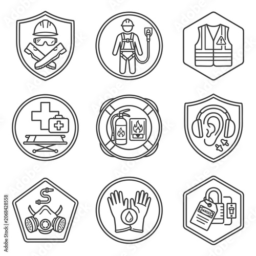 Set of Occupational Safety and Personal Protective Equipment (PPE) icons including Industrial Health and Work Hazards for workplace accident