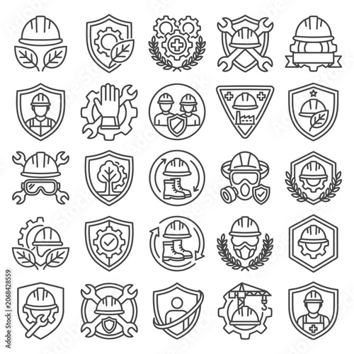 Set of industrial safety protection icons and equipment emblems for occupational health featuring hard hats, shields, gear symbols, and work signs.