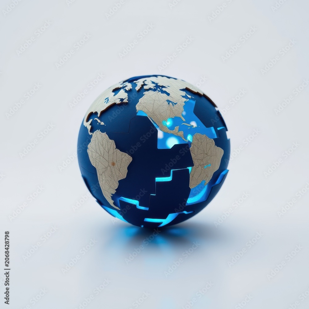 Fototapeta premium Globe constructed from puzzle pieces. Blue oceans, beige landmasses, glowing lines suggest connection, unity, global network concept. Minimalist style.