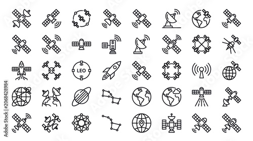 Collection of satellite and space icons in line art style