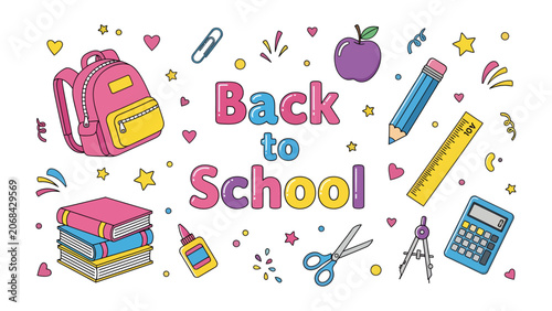 Back to School Celebration: A vibrant and colorful illustration depicting essential school supplies and playful decorations, celebrating the joyous return to learning.