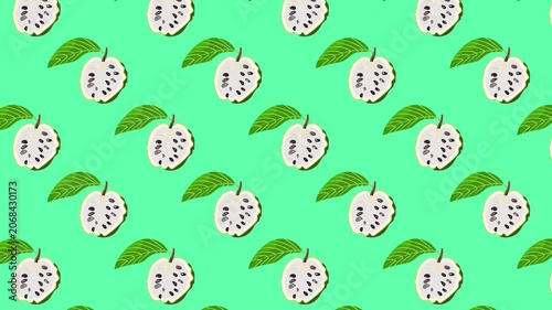 Custard apple seamless pattern, soursop fruit stop motion animation on green background
