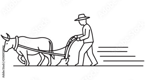 Cuadro en lienzo Farmer plowing field with ox line art vector for traditional agriculture and man
