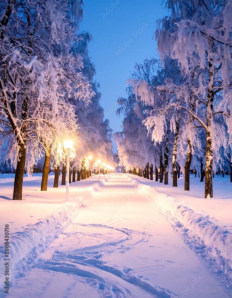 Naklejka premium Snowy pathway at dusk with trees and streetlights